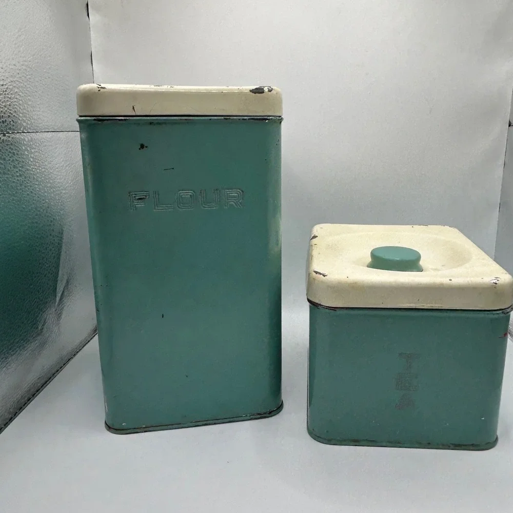 Vintage BeautyWare Metal Canister Set Turquoise Flour Tea Mid Century Modern
